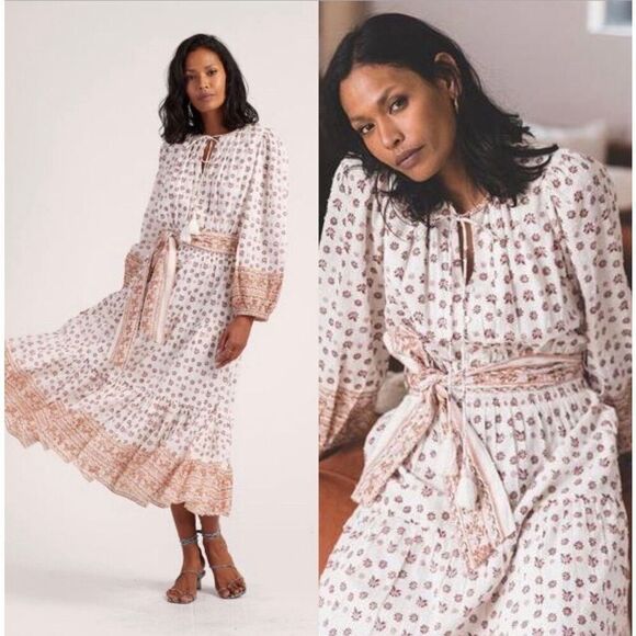 Cleobella Dresses & Skirts - Cleobella Blakely Floral Long Sleeve Midi Dress in White Brown Large